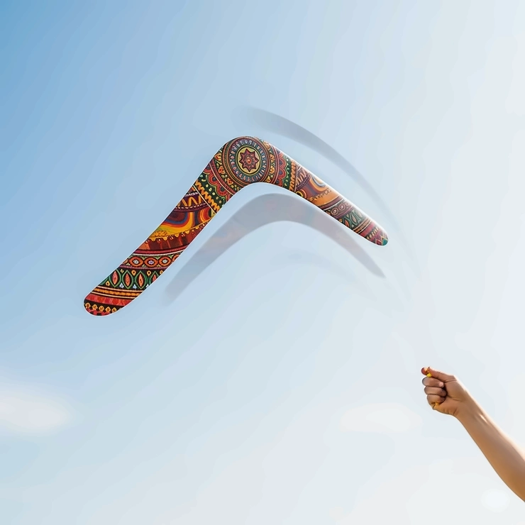 A colorful, V-shaped boomerang toy in mid-flight, curving back towards the thrower, representing unique and skill-based toys that fly.