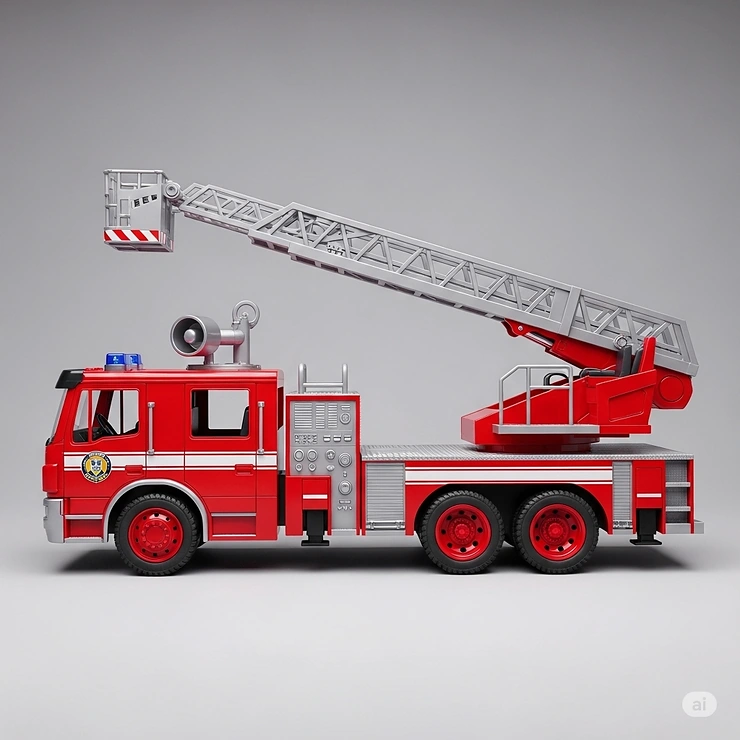Side view of a realistic large red toy fire truck, showcasing its design.