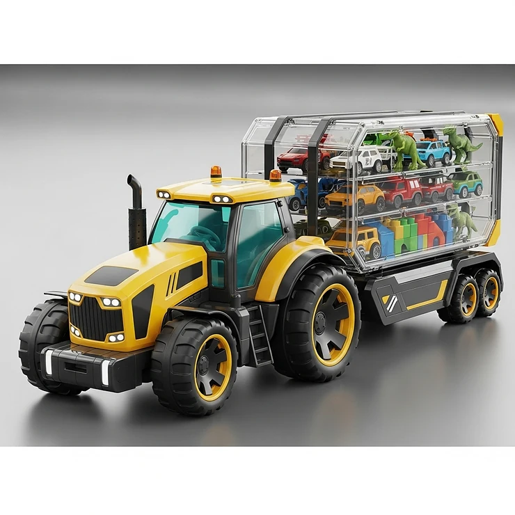 An innovative toy tractor with a large, functional trailer designed for storing other small toys, promoting tidiness.