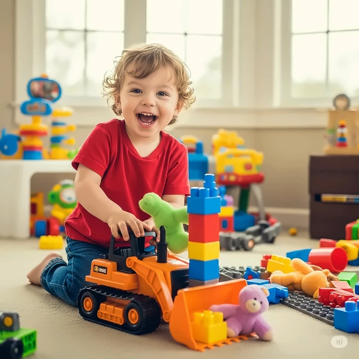 A joyful toddler playing with a bright orange dozer toy in a playroom, engaged in a creative construction scenario.