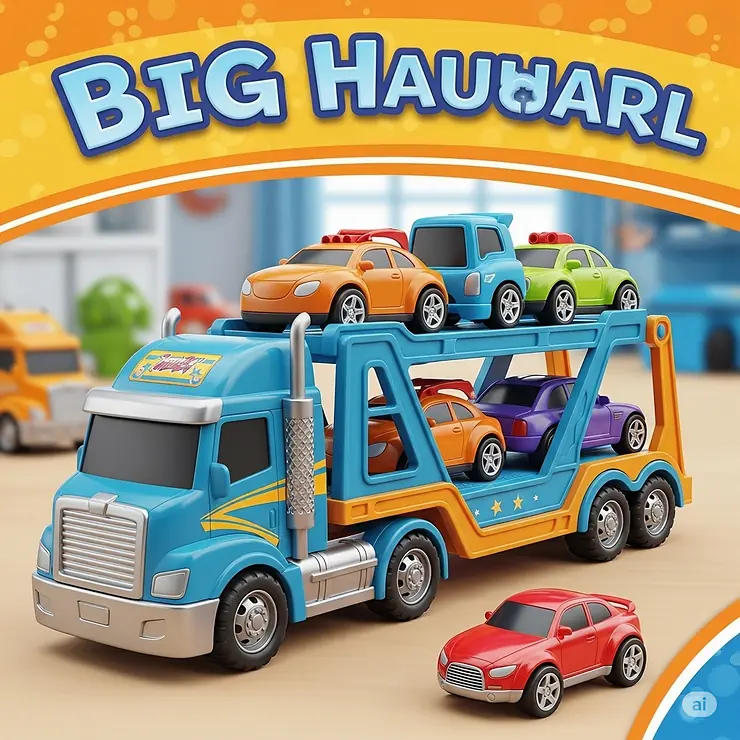 Colorful illustration of a toy car hauler truck with several miniature cars loaded on its trailer, highlighting the playability of big truck and trailer toys.