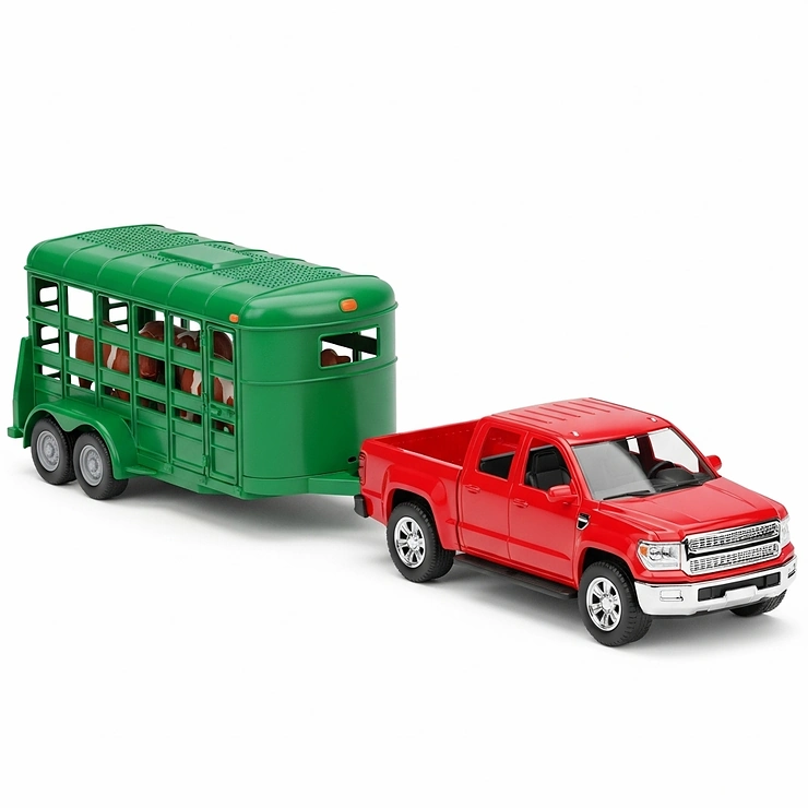 A classic toy cattle trailer, painted in vibrant green, securely attached to a red toy pickup truck, showcasing its compatibility with popular toy vehicles.