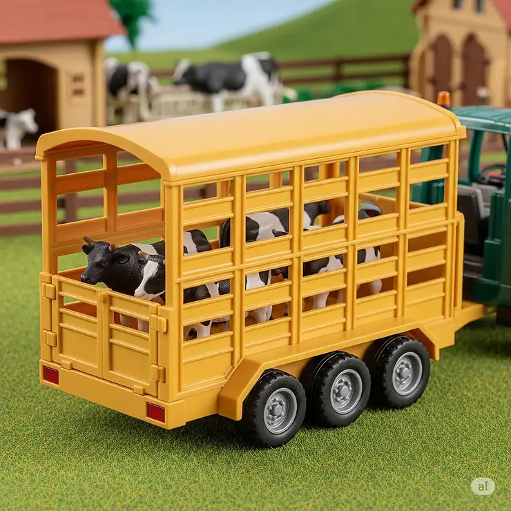 Inside a toy cattle trailer, several miniature cows are visible through the slatted sides, ready for transport on a toy farm.