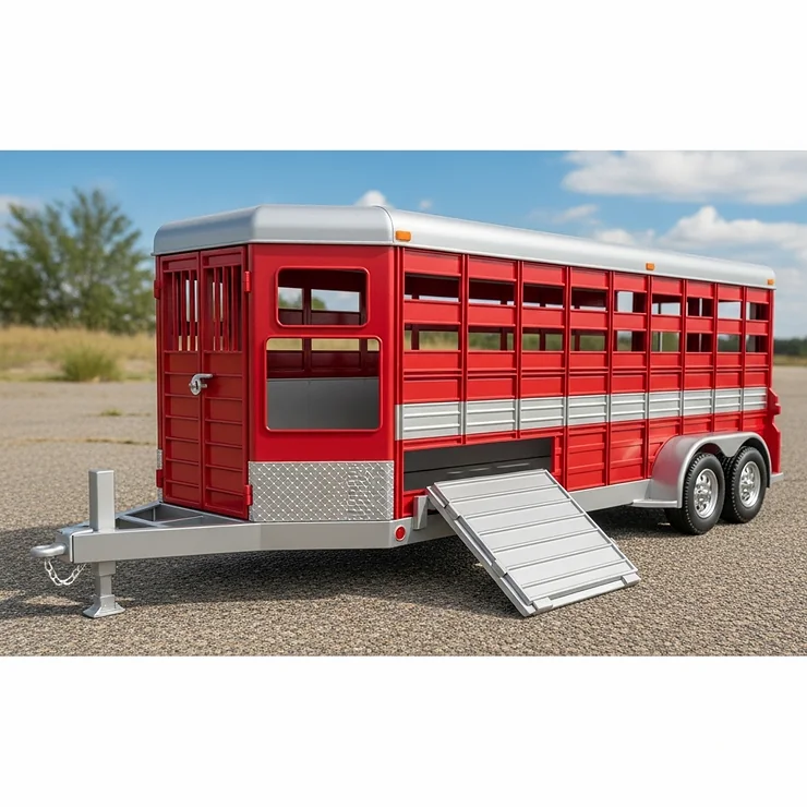 A realistic red and silver toy cattle trailer, ready to haul miniature farm animals, perfect for imaginative play and collecting.