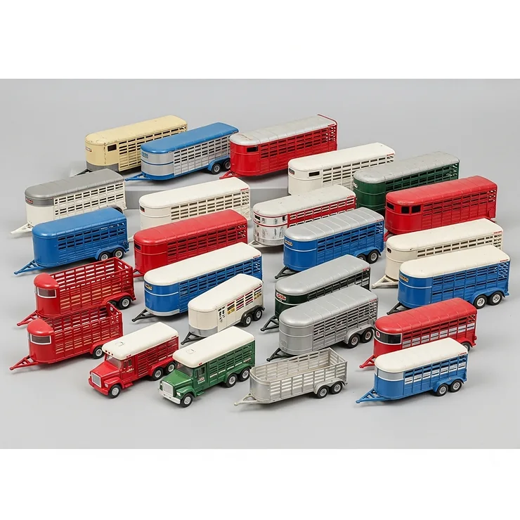 An assortment of toy cattle trailer models in different colors and sizes, illustrating the wide range of options available for collectors and children.