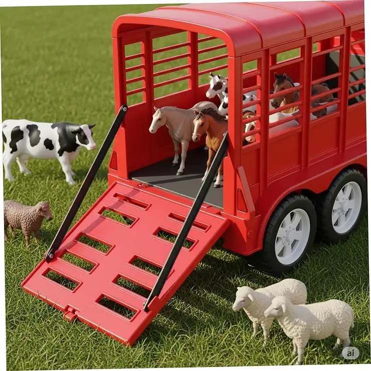 The functional rear ramp of a toy cattle trailer is shown lowered, demonstrating its easy access for loading and unloading toy animals.