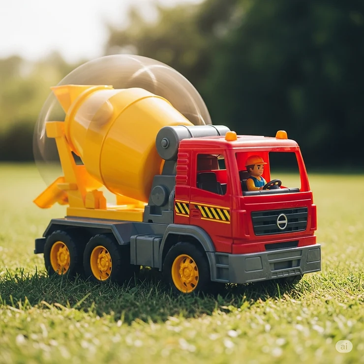 A vibrant red and yellow toy concrete mixer truck, perfect for imaginative construction play, rotating its drum on a bright, sunny day.