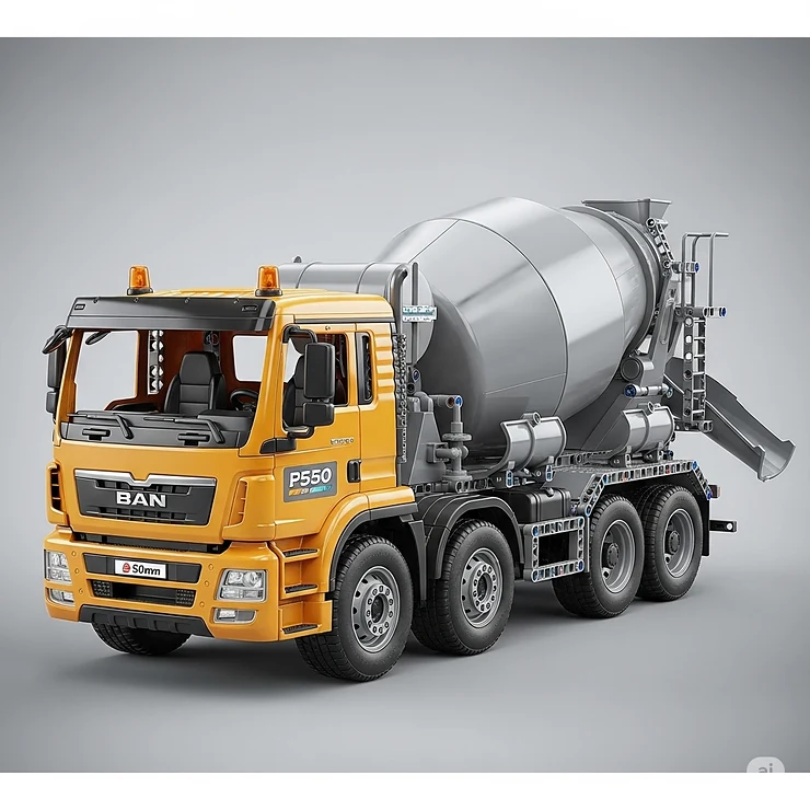 A realistic toy concrete mixer truck, highlighting its design and functional parts from a different perspective.