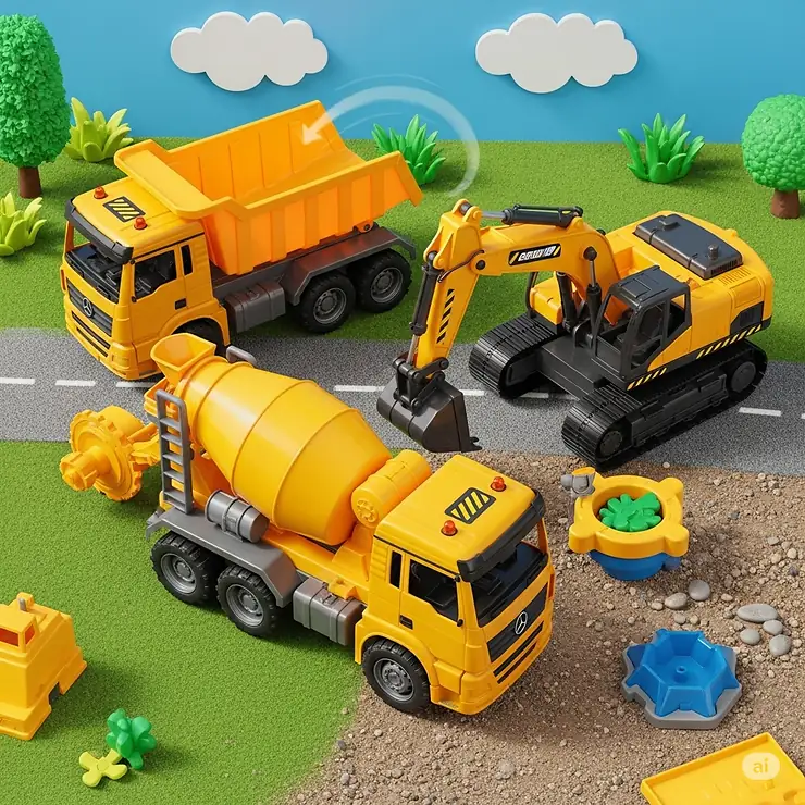 An exciting playset featuring a yellow toy concrete mixer truck alongside a dump truck and excavator, creating a complete construction scene.