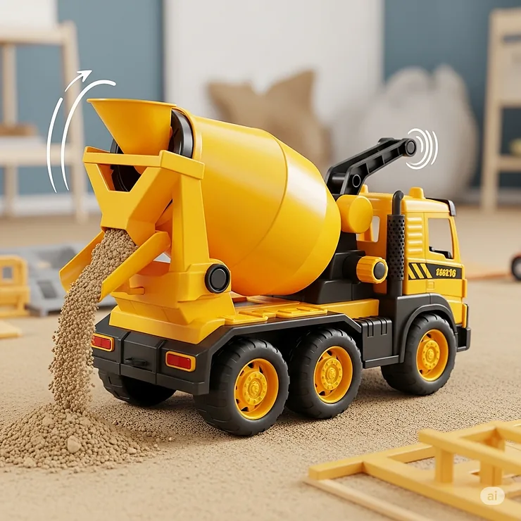 A detailed toy concrete mixer truck tilting its drum to pour sand, demonstrating its interactive play features for aspiring builders.