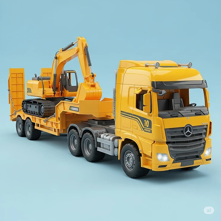 A yellow toy construction truck pulling a lowboy trailer carrying a miniature excavator, demonstrating the versatility of toy big trucks and trailers for different play scenarios.