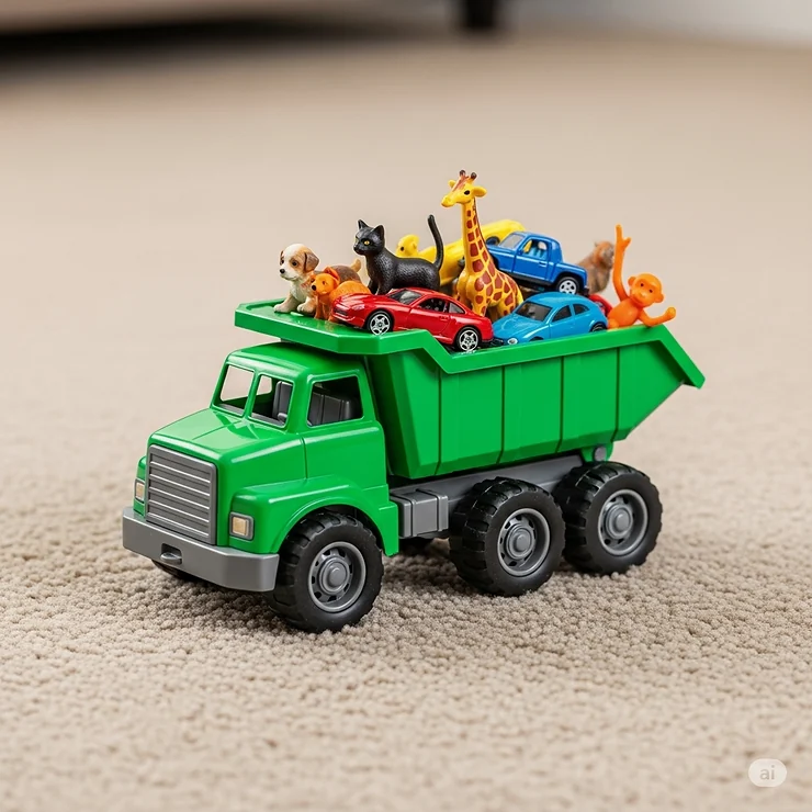 A green toy dump truck transporting a payload of small animal figurines and miniature cars across a carpeted floor.