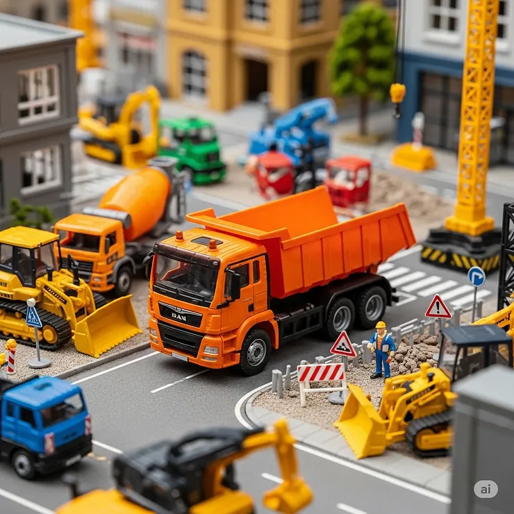 A miniature orange toy dump truck positioned within a detailed construction-themed play set, alongside other construction vehicles.