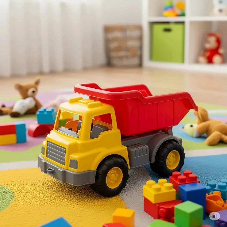 A vibrant yellow plastic toy dump truck with a red bed, perfect for indoor and outdoor play, sitting on a childs playroom floor.