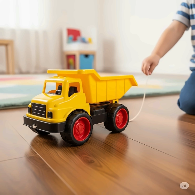 A classic yellow toy dump truck with an attached string, illustrating its function as a pull-along toy for toddlers.