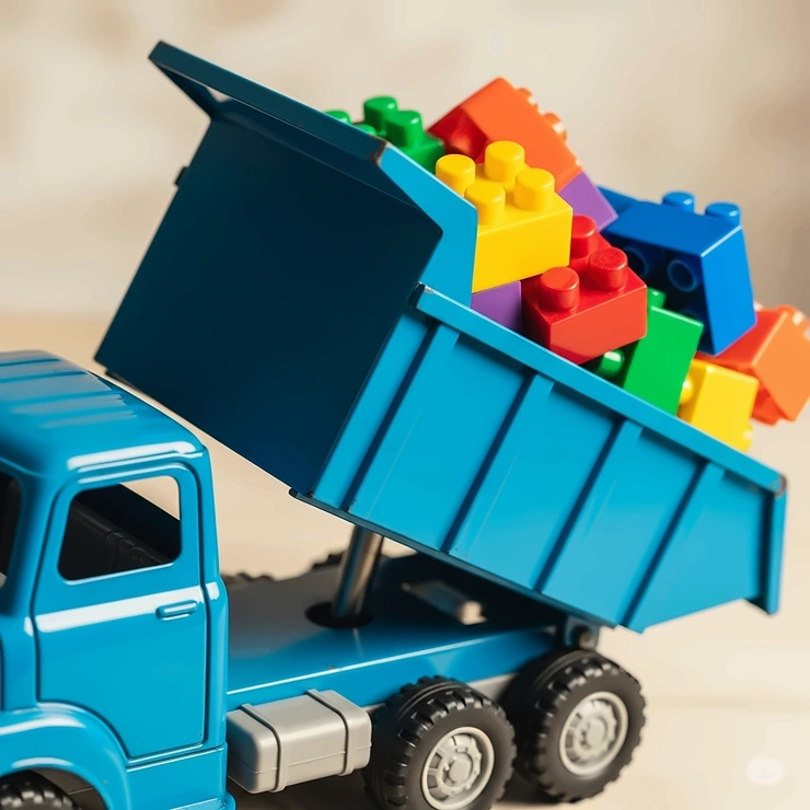 Close-up of a blue toy dump trucks bed tilting upwards, ready to unload a pile of colorful building blocks.