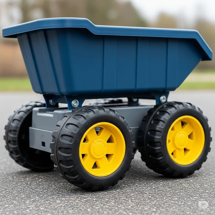 Detailed shot of the durable plastic wheels and rugged tires on a well-built toy dump truck, designed for smooth movement.