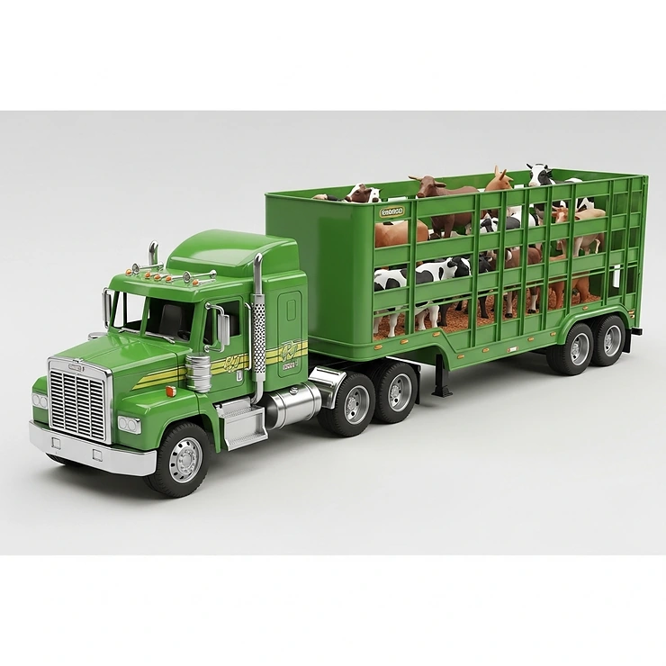 A green toy farm truck with an attached livestock trailer, ideal for agricultural-themed play, showcasing another style of toy big trucks and trailers.