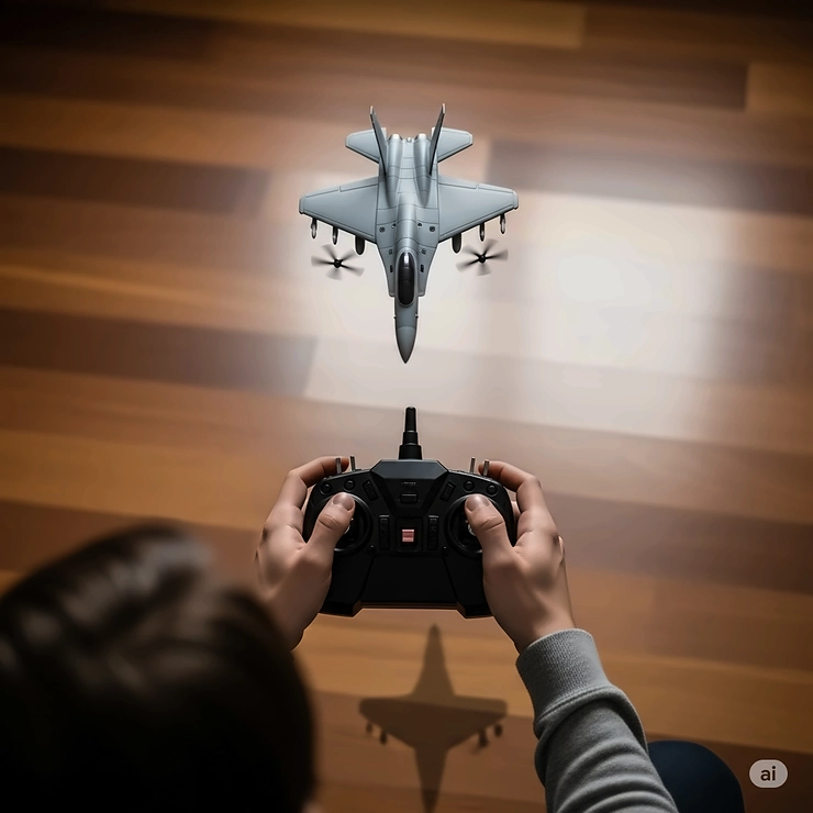 An overhead view of a user holding a remote control, guiding a small, battery-operated toy fighter plane as it hovers in the air.