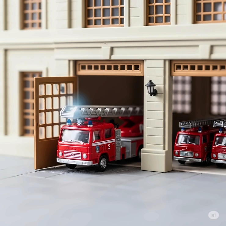 A miniature red toy fire truck emerging from the garage of a fire station toy, ready for a pretend emergency call.