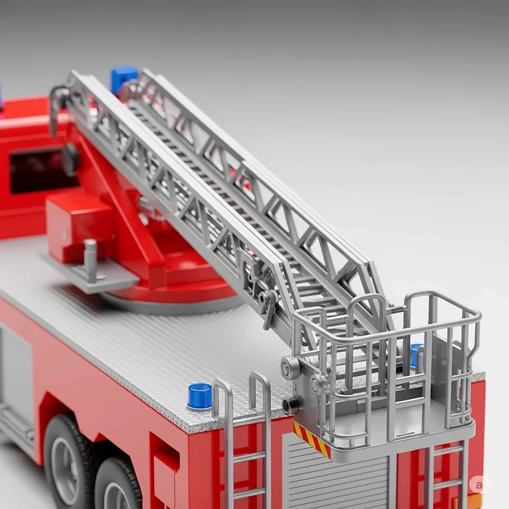 Close-up of the detailed, extendable ladder on a large toy fire truck.