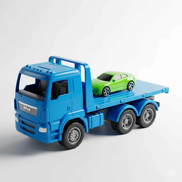 Blue toy flatbed truck with a small green toy car securely loaded on its bed, ready for imaginative towing play.
