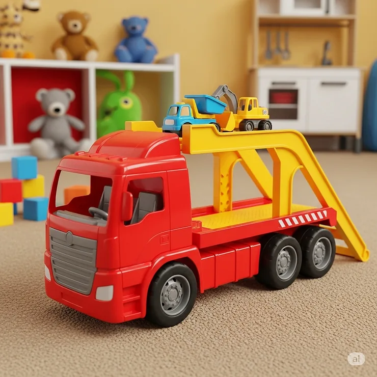 Bright red toy flatbed truck with a yellow loading ramp, perfect for hauling small vehicles or construction equipment on an imaginative playroom adventure.