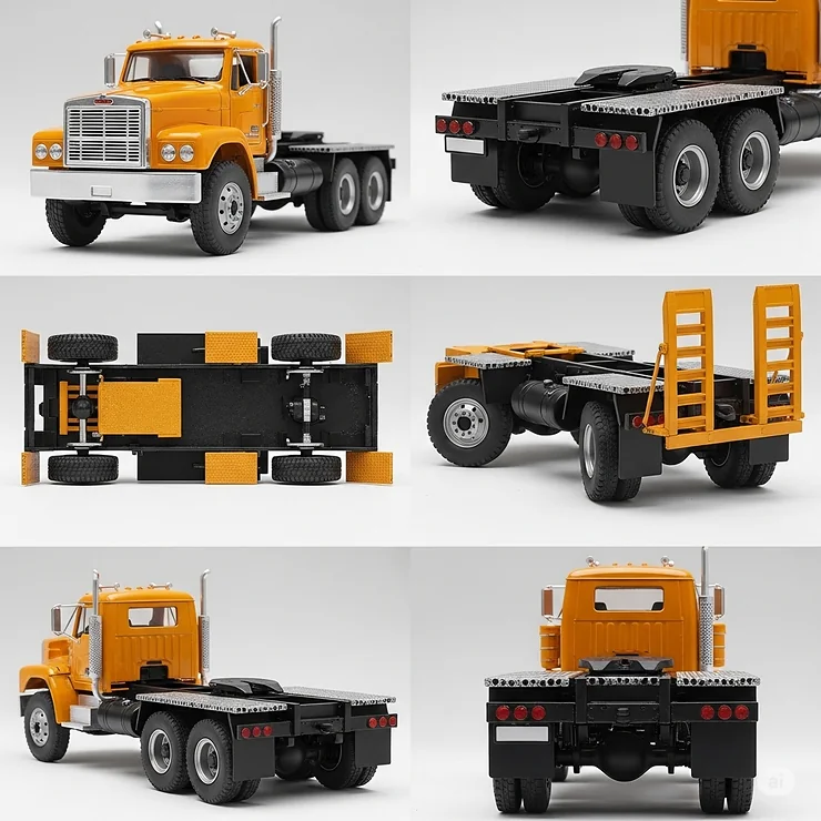 Collection of toy flatbed truck images from various angles, highlighting its detailed design and sturdy construction.