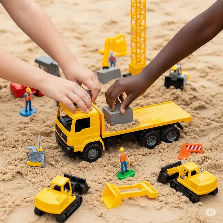Children's hands playing with a yellow toy flatbed truck in a sandbox, simulating a construction site scene.