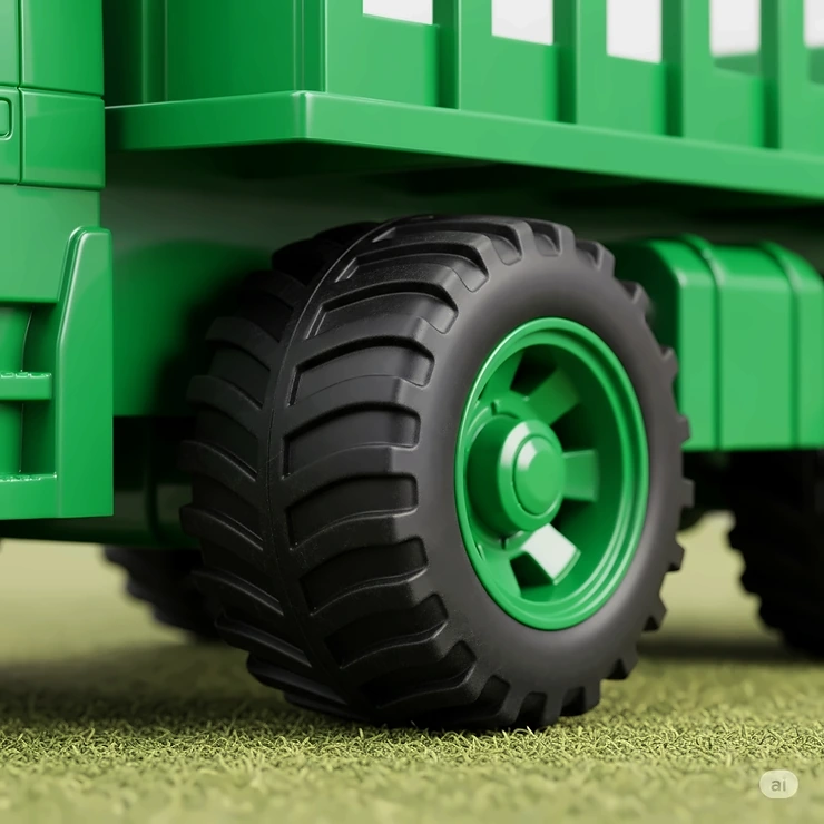 Close-up of the rugged, rubberized wheels on a green toy flatbed truck, indicating smooth rolling action for indoor or outdoor play.