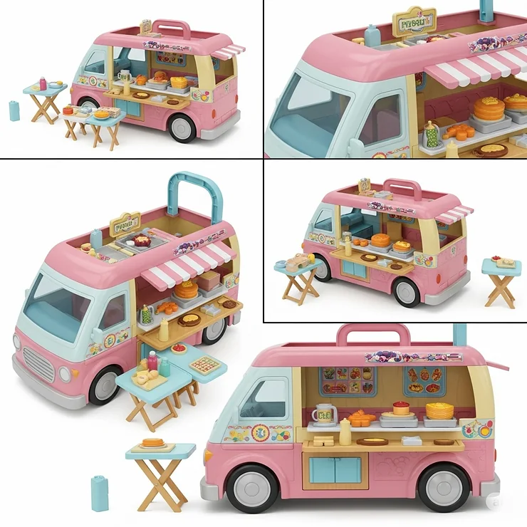 Multiple views showcasing the detailed design and features of a popular toy food van from various angles.