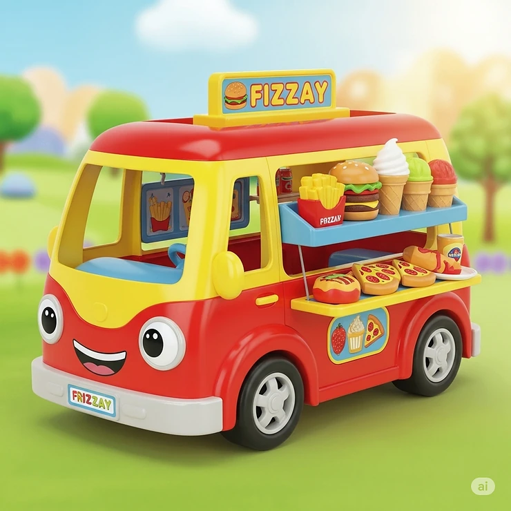 A vibrant, kid-friendly toy food van with various miniature play food items displayed, perfect for imaginative play and aspiring young chefs.