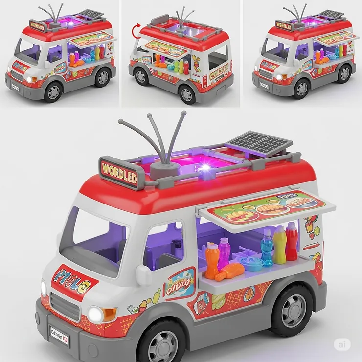 Illuminated toy food van featuring working LED lights, adding an extra layer of realism and excitement to playtime.
