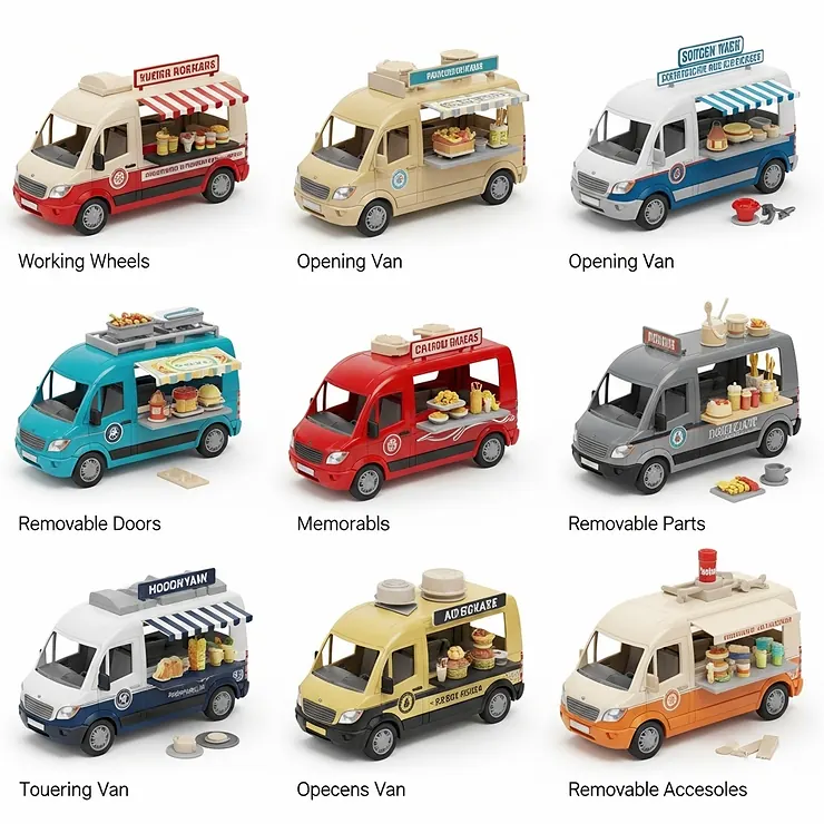 Side-by-side comparison of various toy food van models, highlighting different designs and features available for purchase.