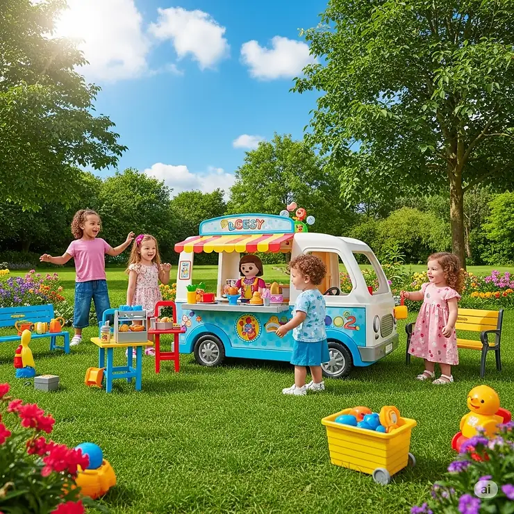 A delightful toy food van set up for outdoor play in a sunny park, encouraging imaginative adventures for kids.