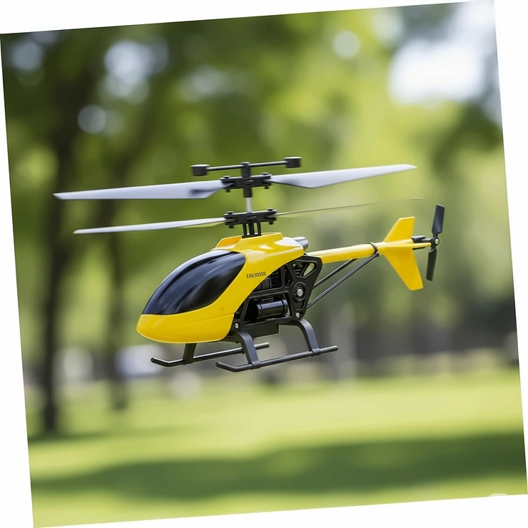 A small toy helicopter hovering gracefully in the air, showcasing the fun of flying flight toys.