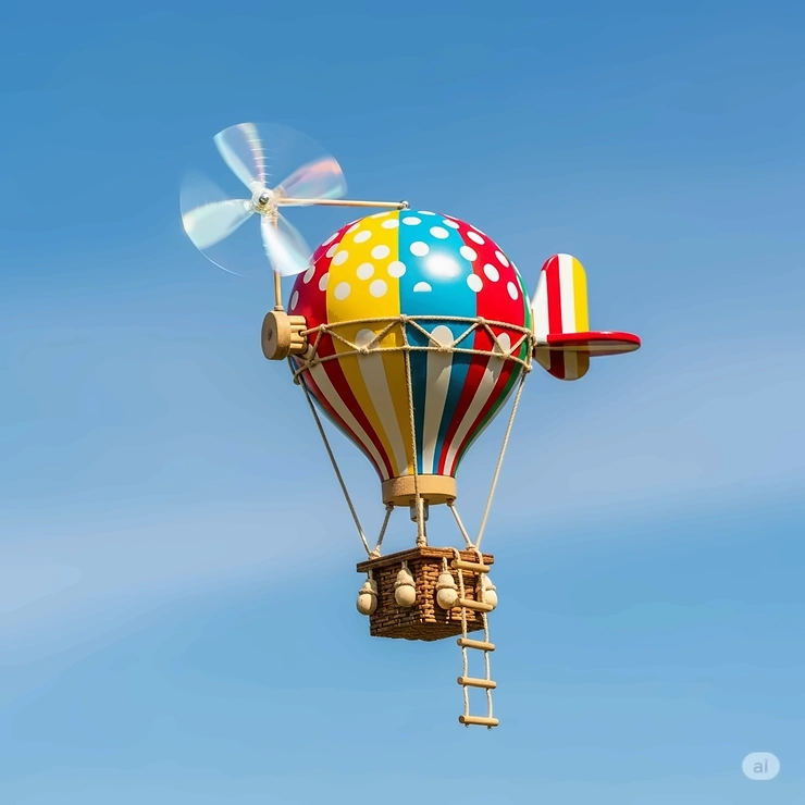 A whimsical toy hot air balloon floating gently in the sky, showcasing a unique type of flying aircraft toy.
