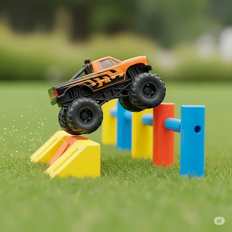 Exciting toy monster truck performing a jump over miniature obstacles, highlighting the thrilling action and robust design of toy big trucks.