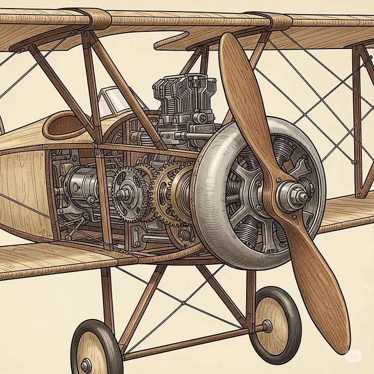 An illustration of a detailed toy airplane with a visible propeller, showcasing the mechanics of some flying models.