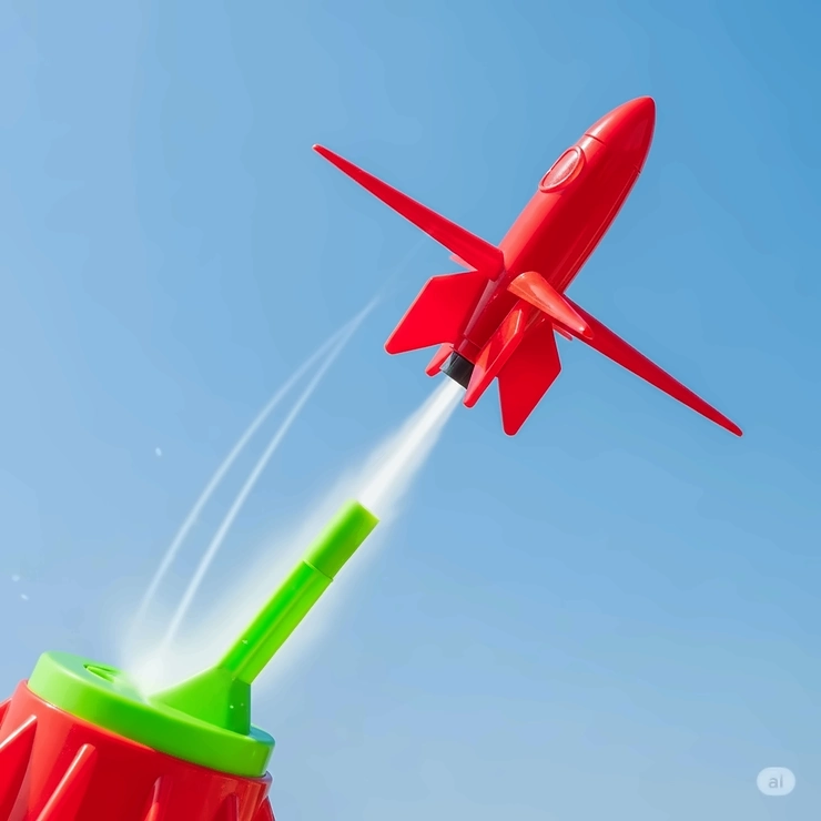 A small, red toy rocket with fins launching skyward from a plastic base, propelled by air or water, depicting exciting and educational toys that fly.