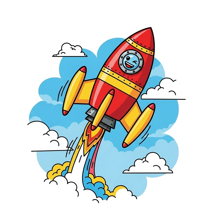 A cartoon illustration of a toy rocket launching into the sky, representing exciting flying flight toys.