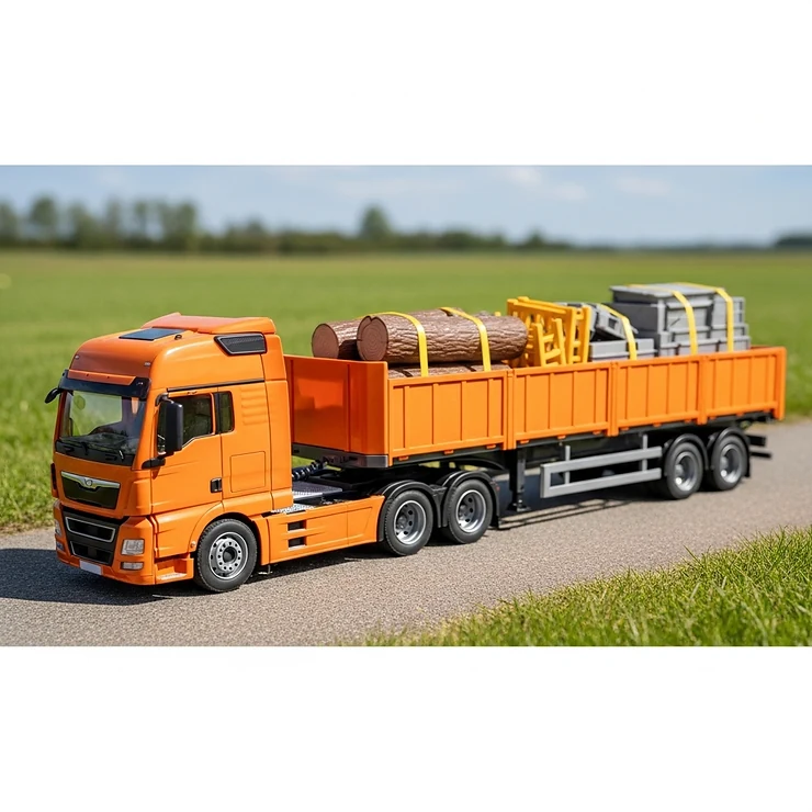An orange toy semi truck pulling an open-top trailer, perhaps for transporting toy logs or construction materials, highlighting its versatility.
