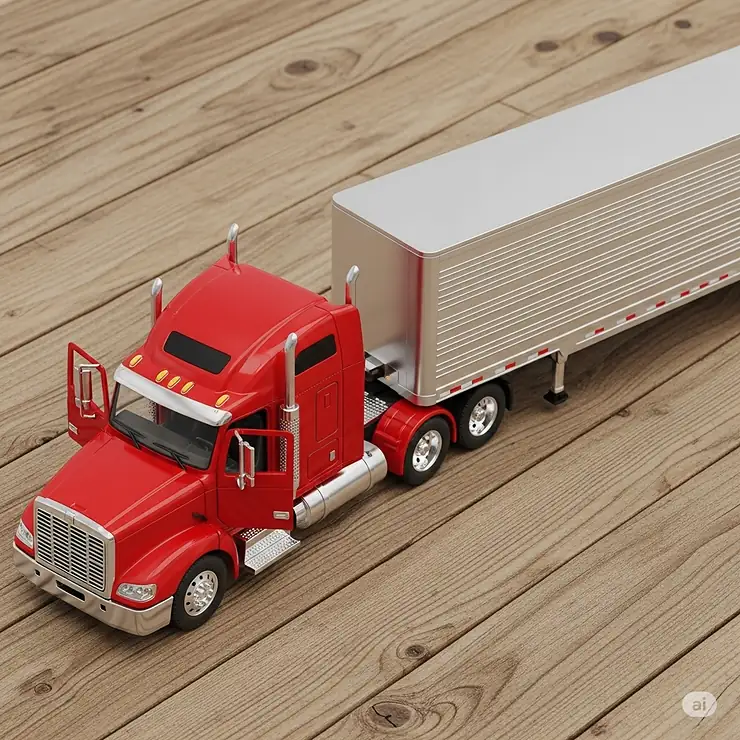 A vibrant red toy semi truck with a silver detachable trailer, parked on a wooden floor, ready for imaginative play.