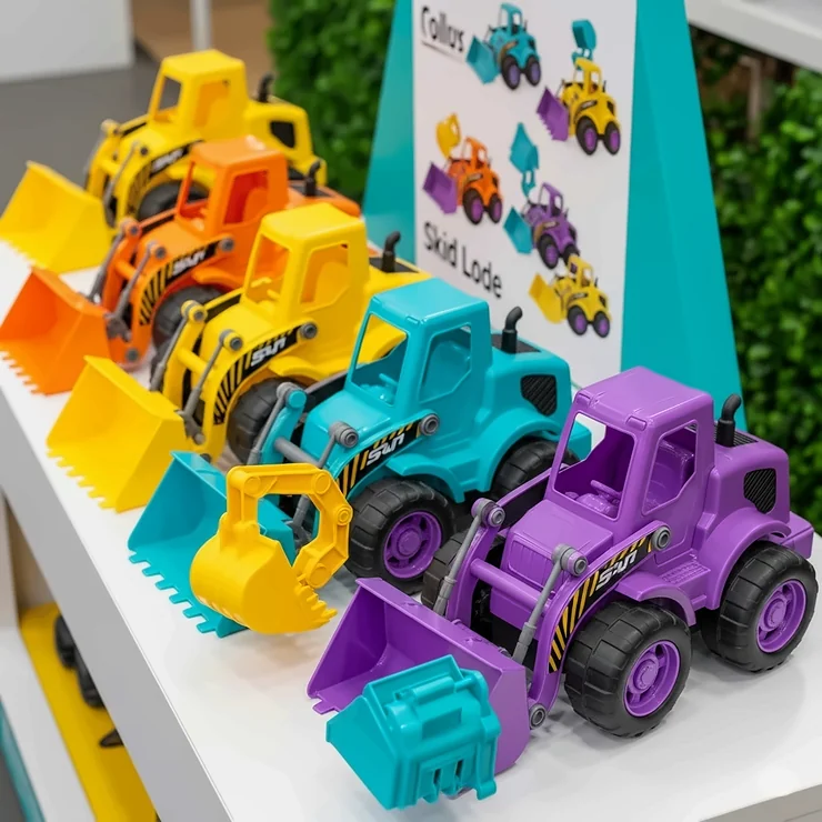 Display of a versatile toy skid loader available in multiple vibrant colors, offering choices for every child's preference.