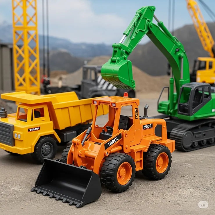A durable toy skid loader positioned alongside other popular construction toys like a dump truck and excavator, perfect for a complete playset.