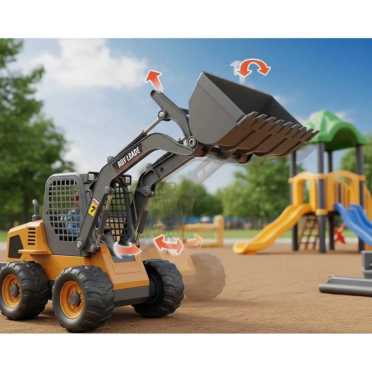 Dynamic illustration demonstrating the realistic movable arm and tilting bucket of a toy skid loader, allowing for engaging interactive play.