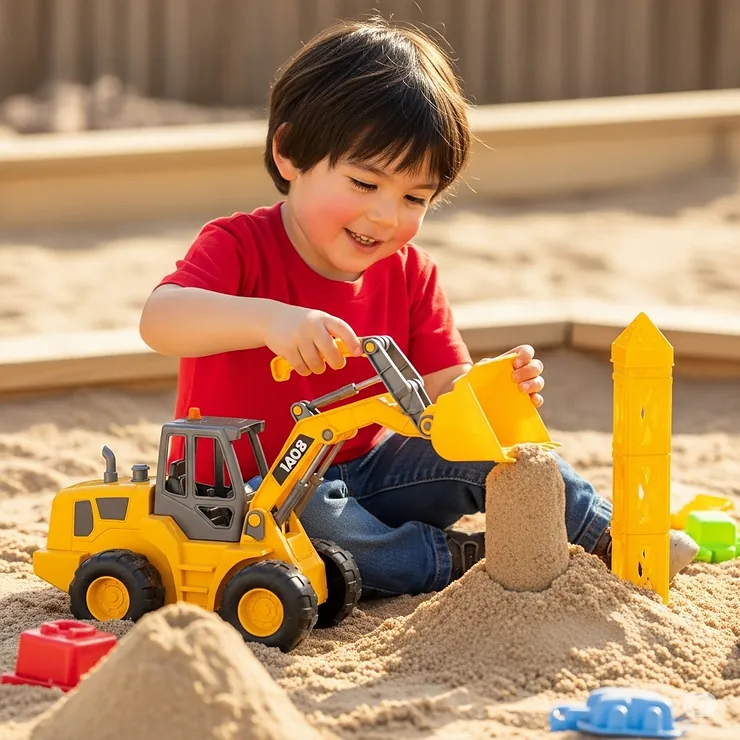 A child happily playing with a bright yellow toy skid loader in a sandbox, demonstrating its realistic movable arm and bucket for imaginative construction play.