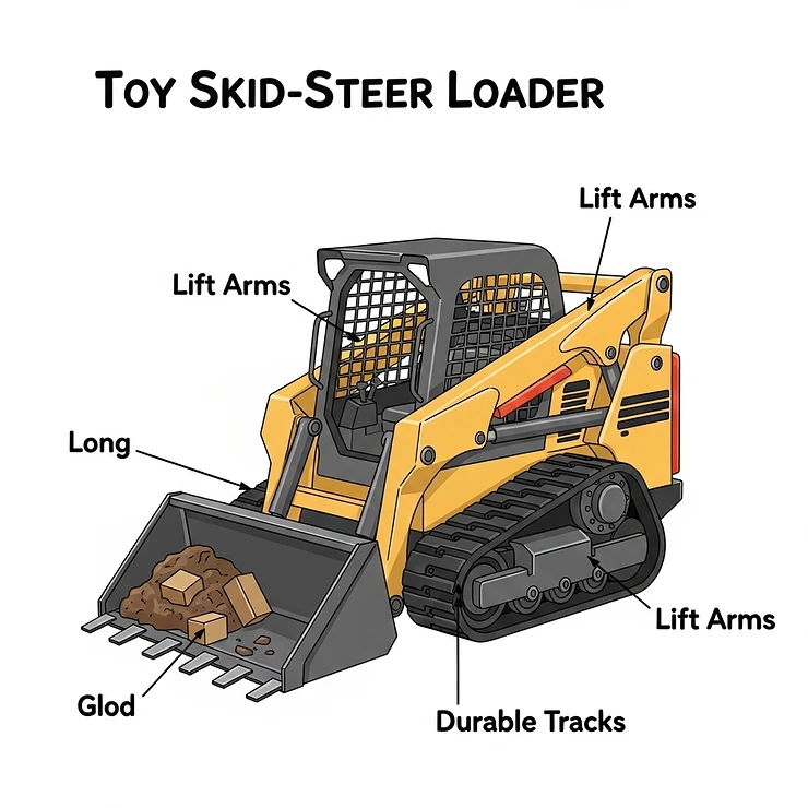 Diagram showing the labeled parts of a toy skid loader, highlighting the bucket, lift arms, and durable tracks, ideal for teaching kids about construction vehicles.