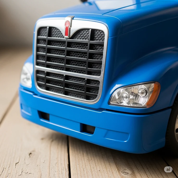 Detailed close-up of the front grill and headlights on a realistic toy big truck, emphasizing the craftsmanship and authentic appearance of these toys.