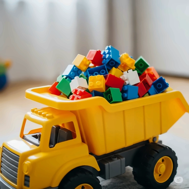 Toy big dump truck filled with colorful building blocks, illustrating interactive play and the functional features of these popular toys.